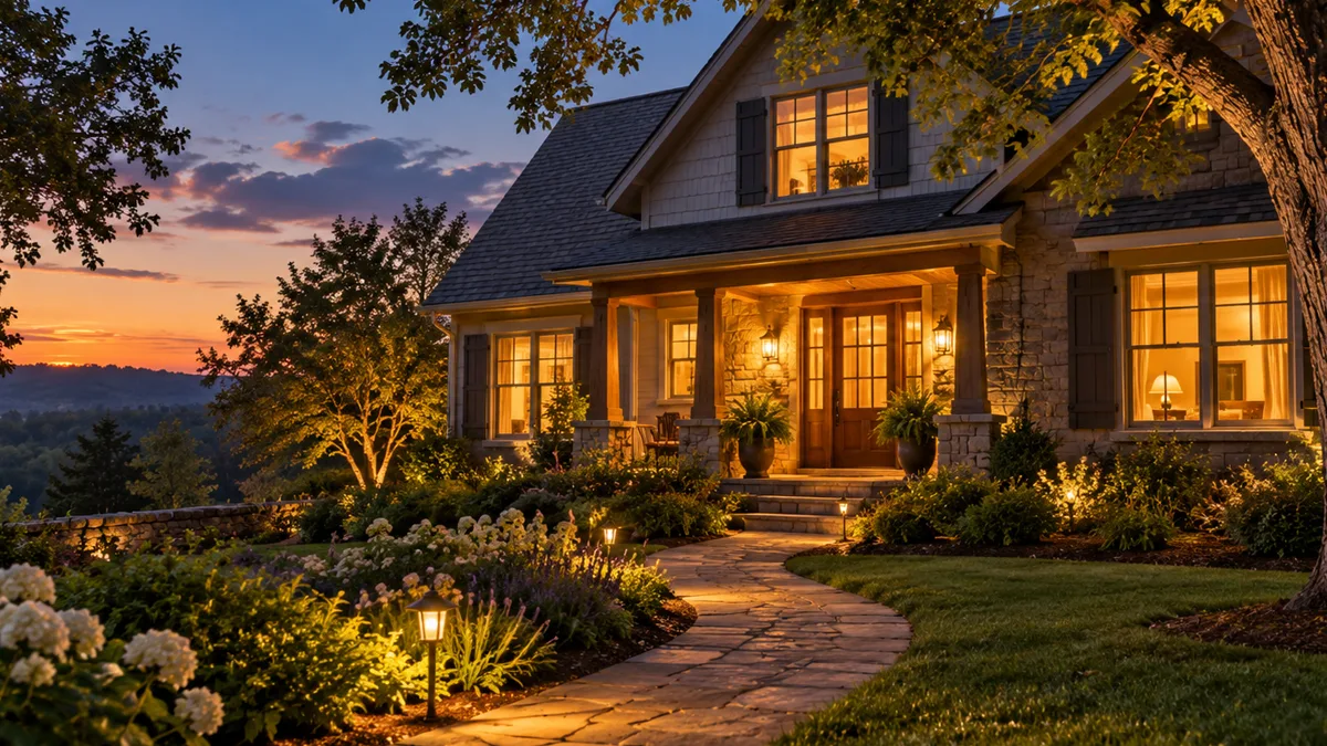 A welcoming family home with glowing windows and a peaceful garden at evening