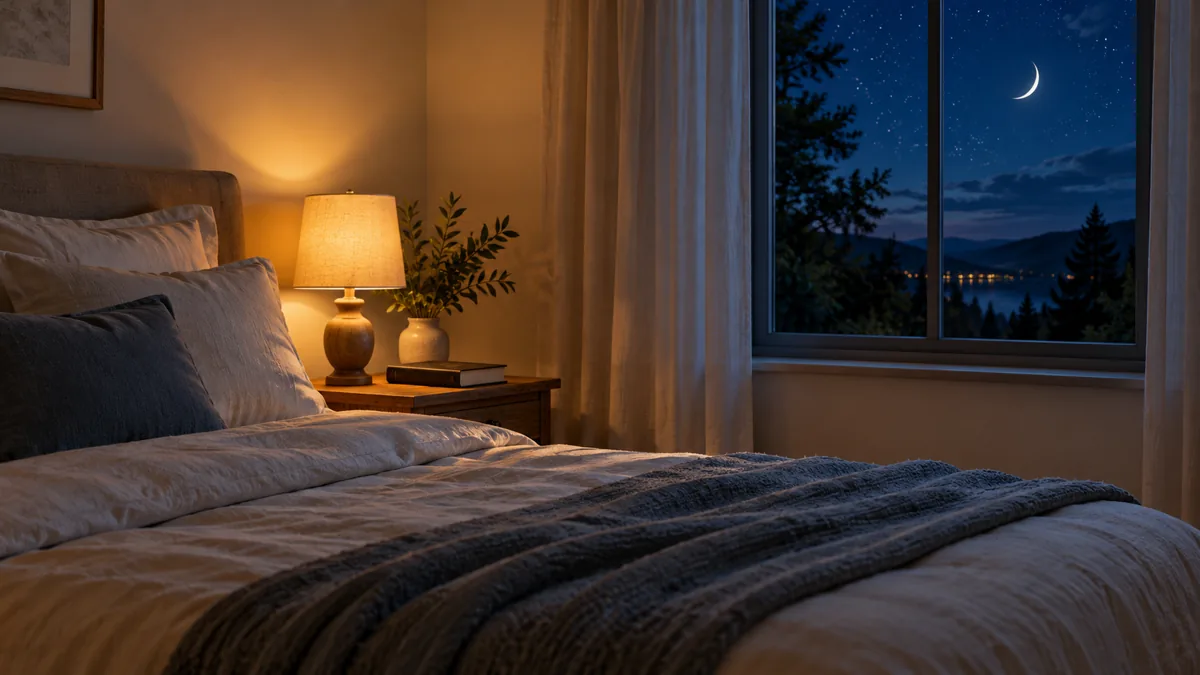 A peaceful bedroom lit by a warm lamp beneath a crescent moon and starry night sky