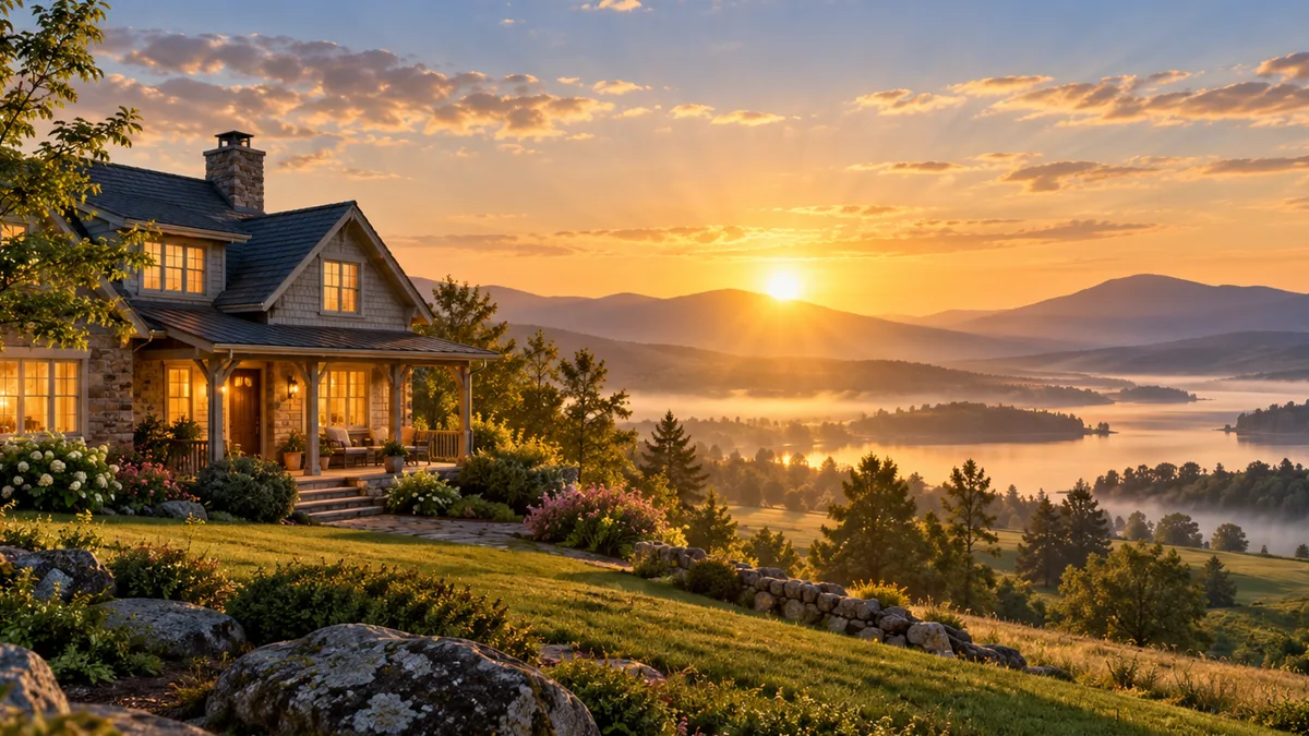 A warmly lit home overlooking peaceful hills and water at sunrise
