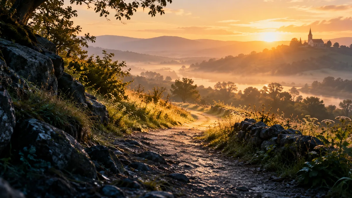 A shadowed path leading into warm sunrise light toward a distant church