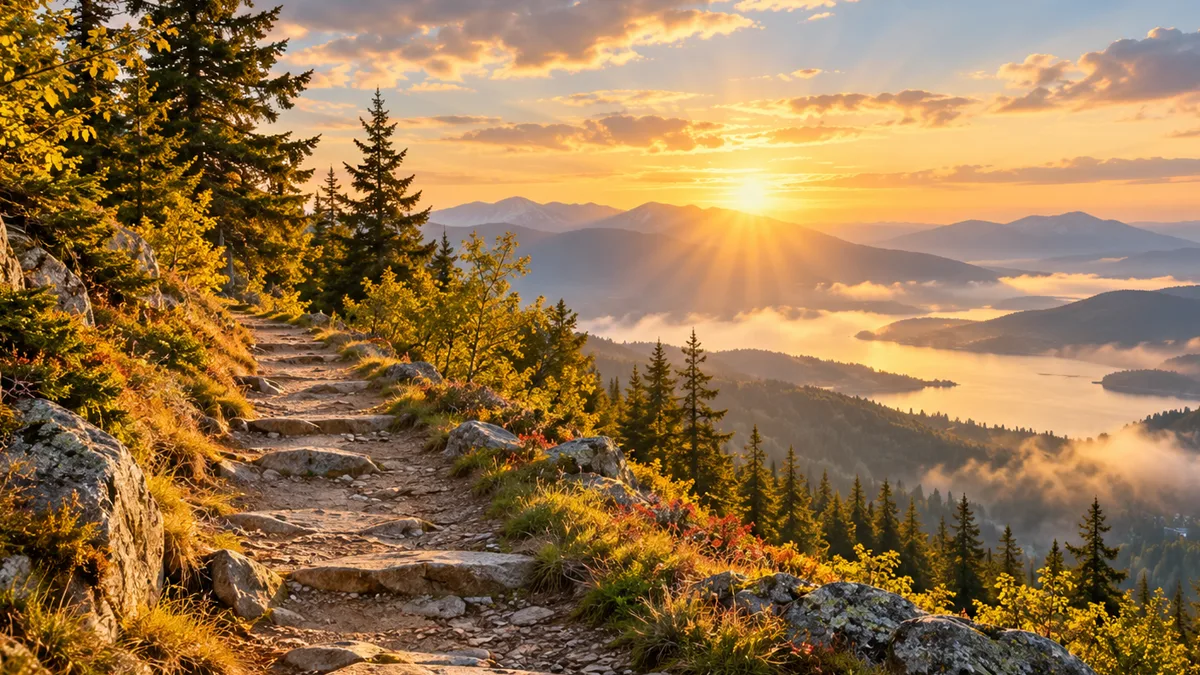 A mountain path rising through sturdy trees toward a warm sunrise