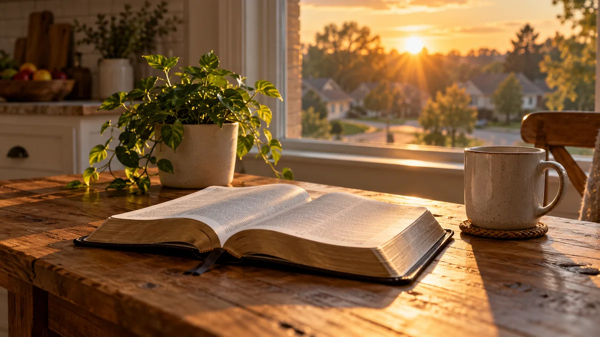 An open Bible, a ceramic mug, and a green plant on a wooden table in warm morning sunlight